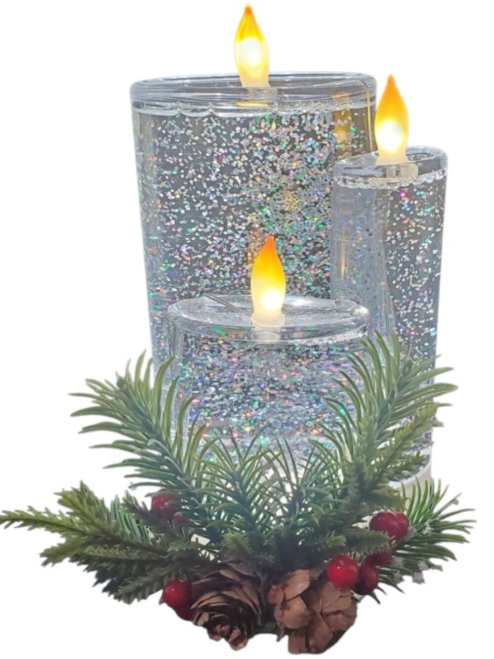 Christmas Glitter Flameless Triple Candle Centerpiece Pinecones & Red Berries